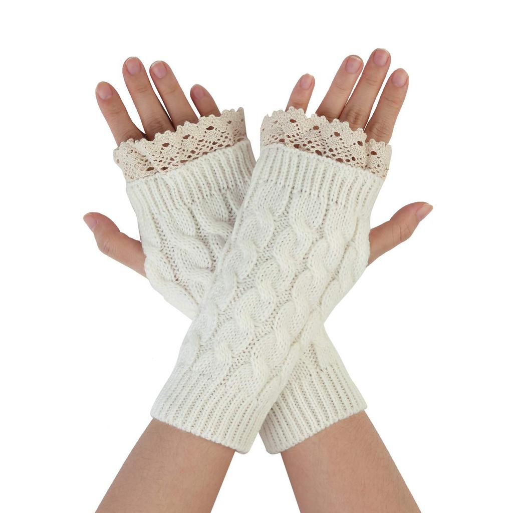 Women's Winter Warm Wool Gloves, Fingerless, With Beautiful Lace And Short Style