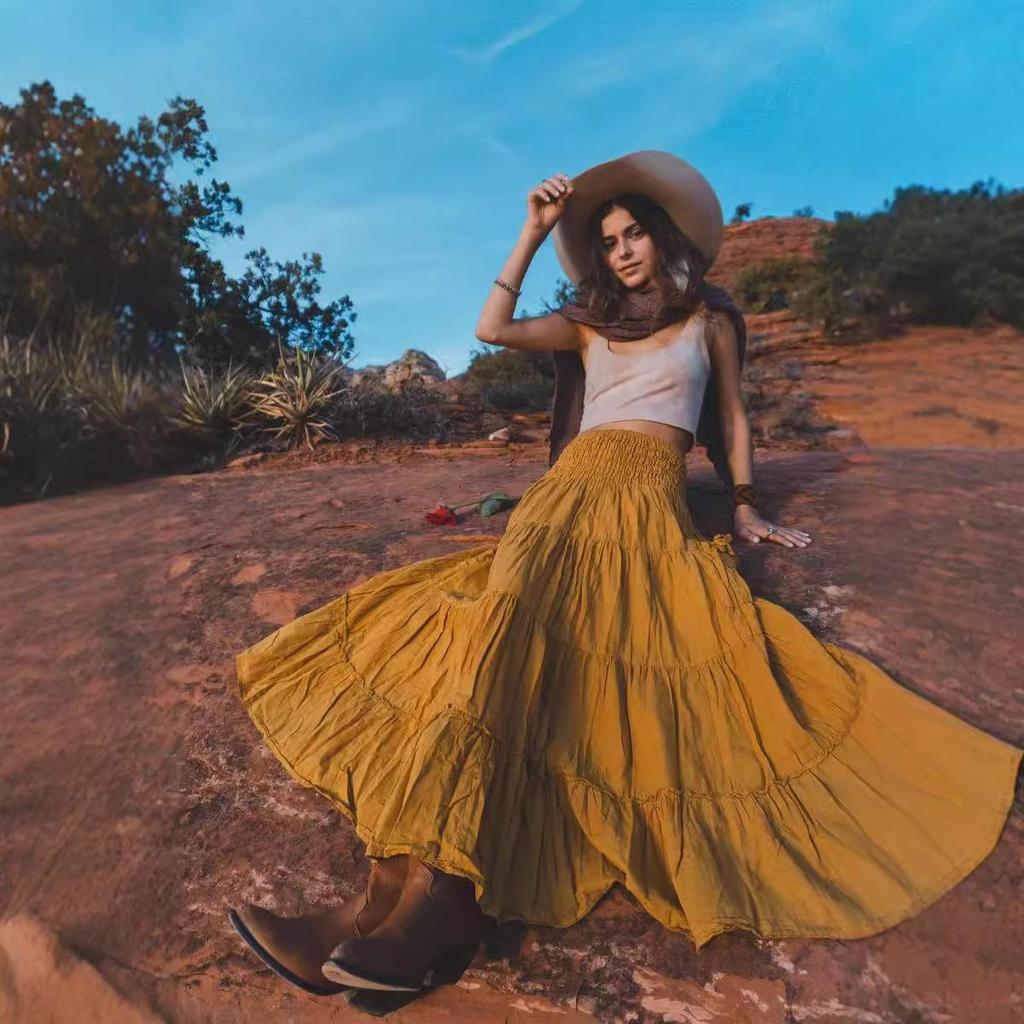 2025 Damen Böhmischer Einfarbig Langer Rock mit Taschen, Zwei-Wege Wickelstil