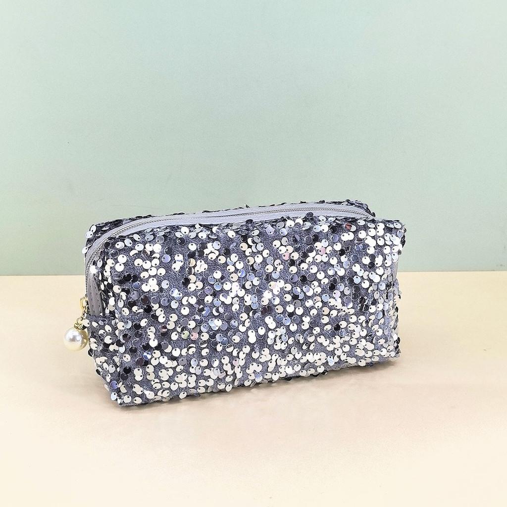 Velvet Sequin Makeup Bag With Large Capacity For Travel And Daily Use