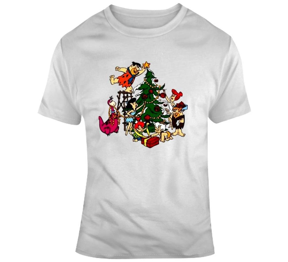 White Retro Vintage Christmas T-shirt X-mas Tee Flintstones Tree Fred Wilma 3XL