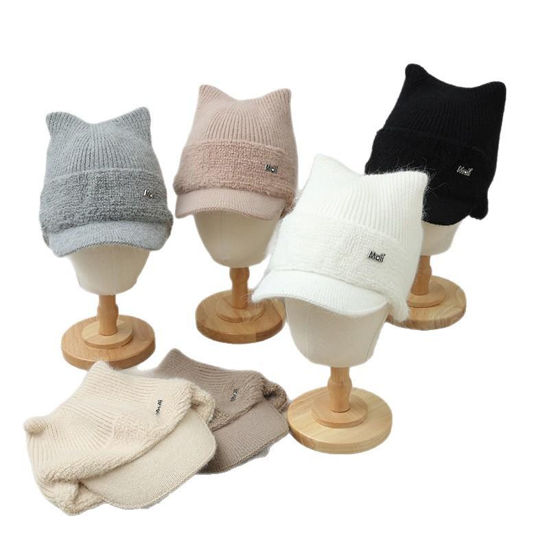Winter Cat Ear Hat for Women with Plush Velvet Thickened Cold Proof Wool Hat Warm Ear Protection Knitted Casual Versatile Baseball Cap
