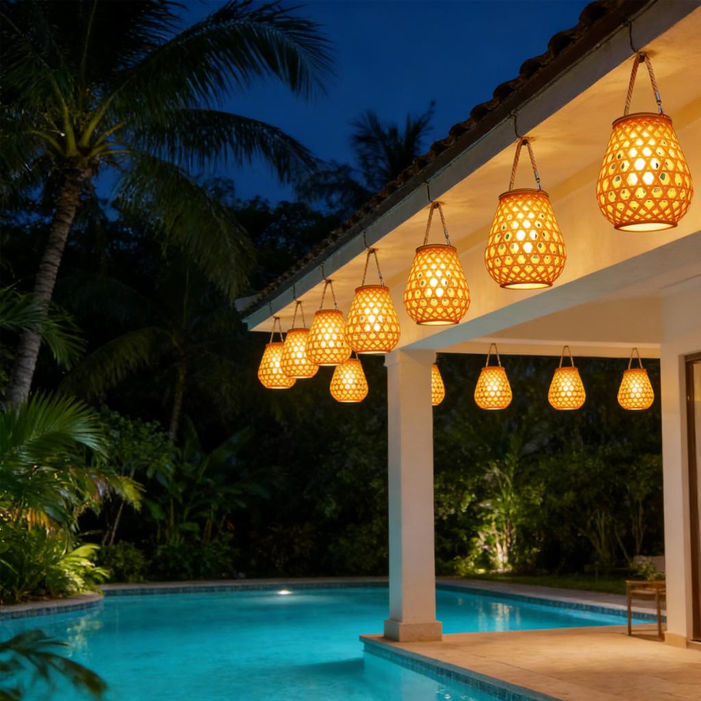 Solar Powered Chinese, Imitation Rattan Hanging Lamps, Tree-mounted Decorative Garden Lights, Balcony