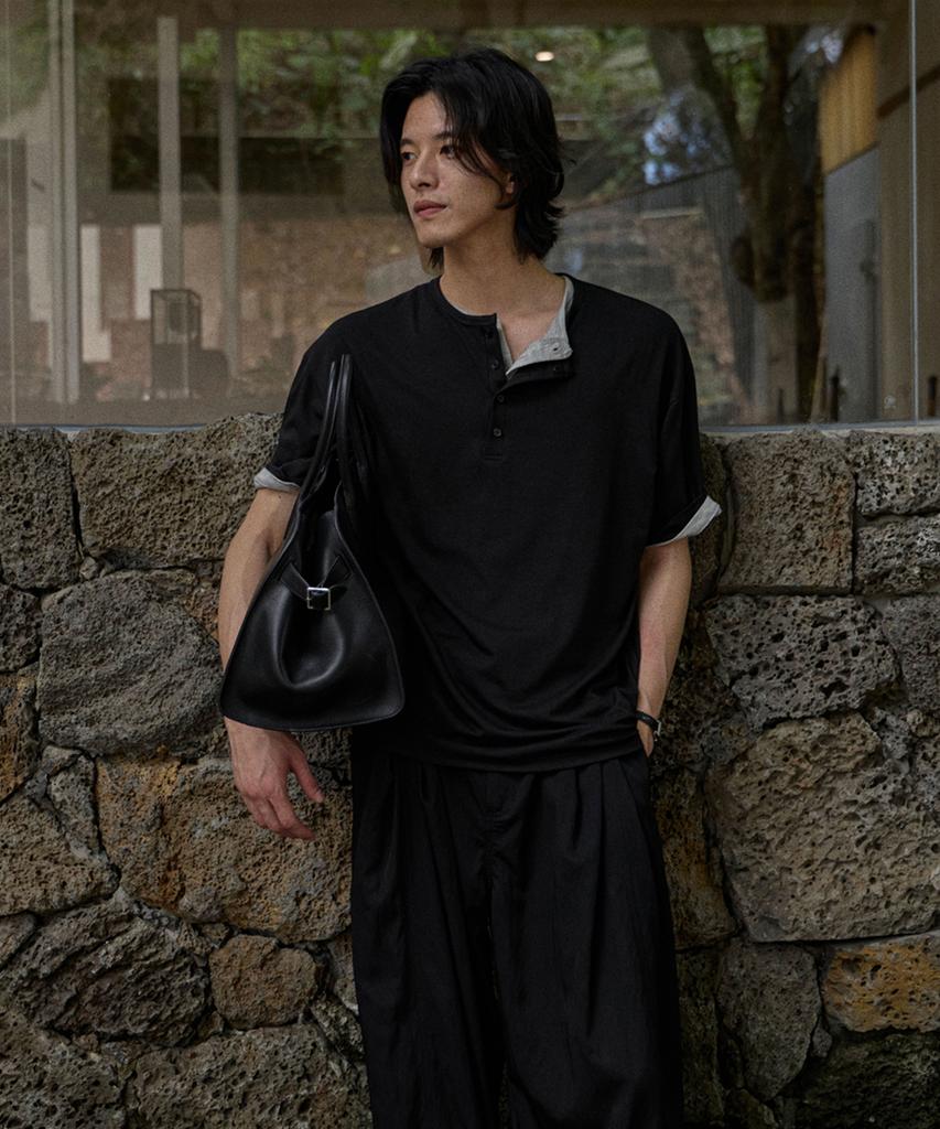 MOOD INSIDE Tencel Layering Henley Neck Half Tee_Wine