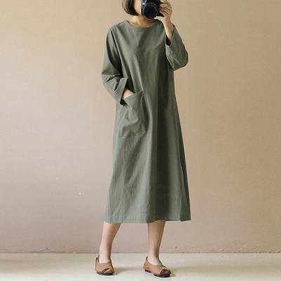 Large Size Medium Long Cotton and Linen Solid Color Artistic Retro Long Sleeved Dress for Women