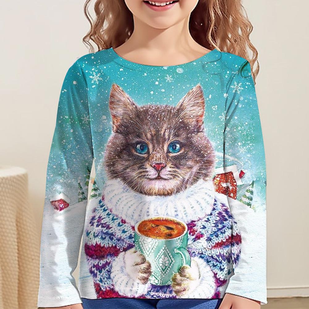 Children's Clothing Long Sleeve Cat Print O-Neck Kids Spring Fall Clothes Fashion Cartoon Girls Clothes T-Shirt Streetwear Tops