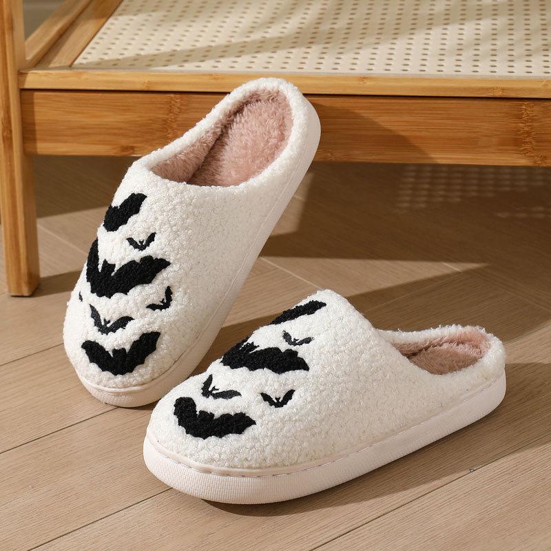 Fashion Halloween Cartoon Bat Cotton Slippers Women Black White Short Plush Warm Slides Woman Winter Indoor Light Cotton Slippers Mujer