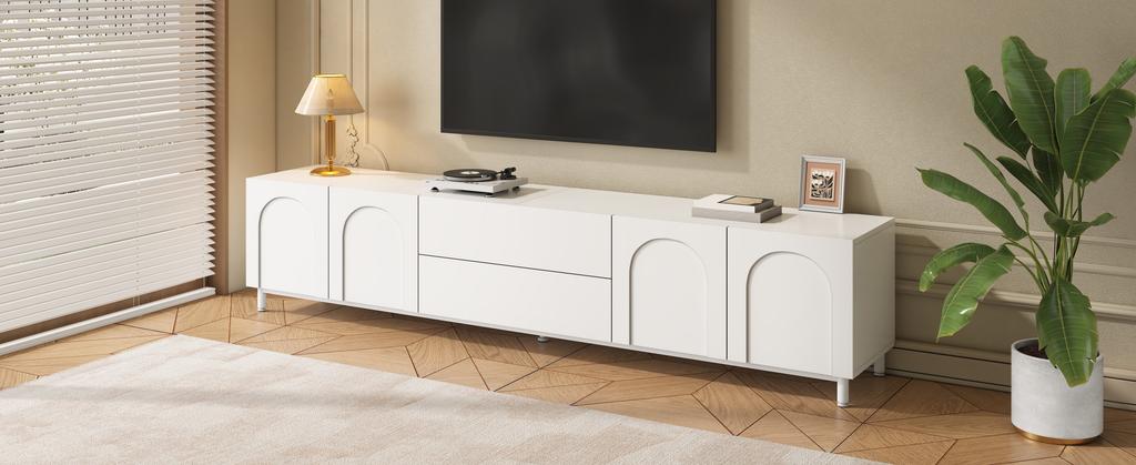 TV Cabinet with Four Doors and Two Drawers, Cabinet made of Chipboard + MDF, Steel Tube Feet, Modern Living Room Storage Cabinet with Arched Doors