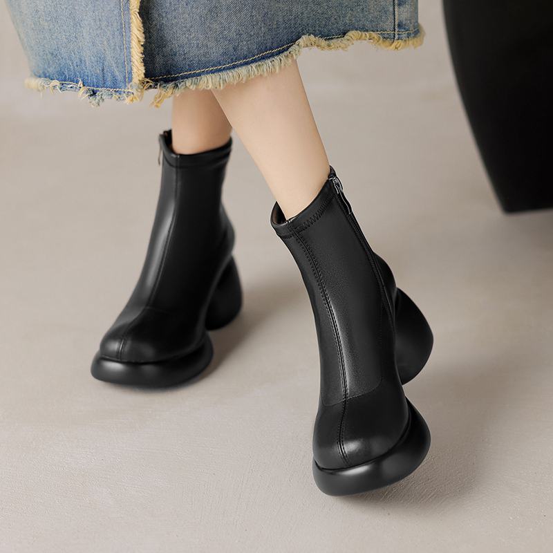 Krazing Pot Microfiber Winter Round High Heels Western Boots Women Zipper Size 43 Street Wear Platform Ankle Boots