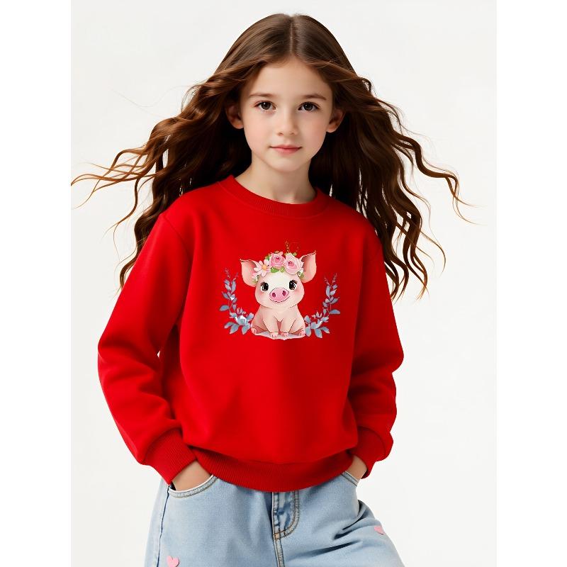 Girls' Crewneck Sweatshirt Cute Pig with Flower Crown And Leaves Machine Washable, Spring And Autumn