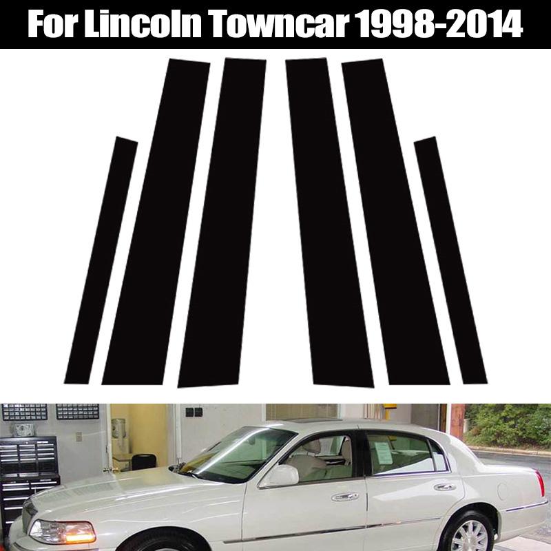 6Pcs Fit For Lincoln Towncar 1998-2014 Glossy Black PC Material Mirror Effect Car Door Window Center Middle BC Pillar Post Column Cover Trim