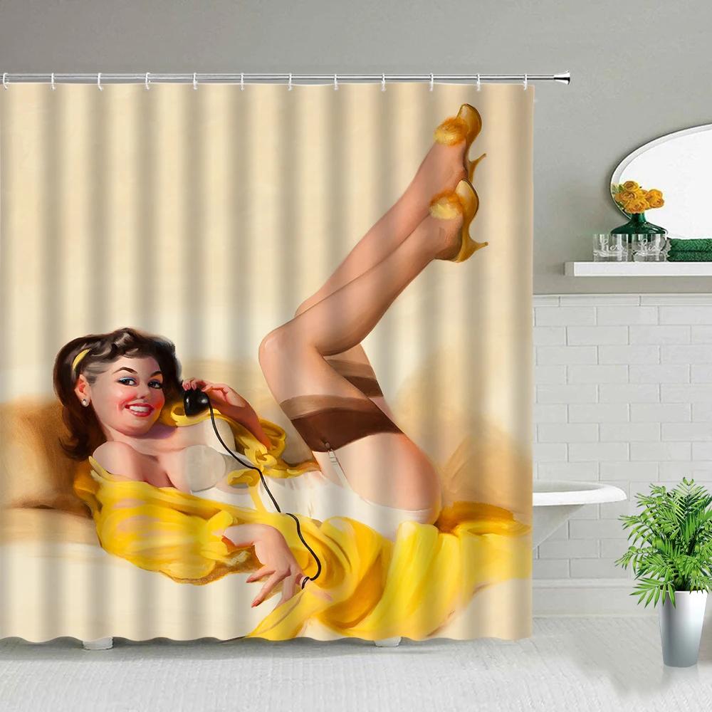

Sexy Girl Shower Curtain American Woman 3d Printing Personality Fashion Waterproof Bathroom Decor Bathtub Curtains with Hooks W90xH180cm