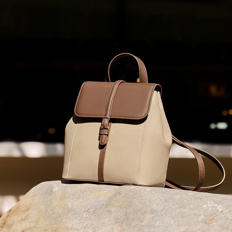 Contrast Color Fashion Backpack for Women 2025 New Large Capacity Genuine Leather Mom Bag Casual Ladies Soft Cowhide Backpack