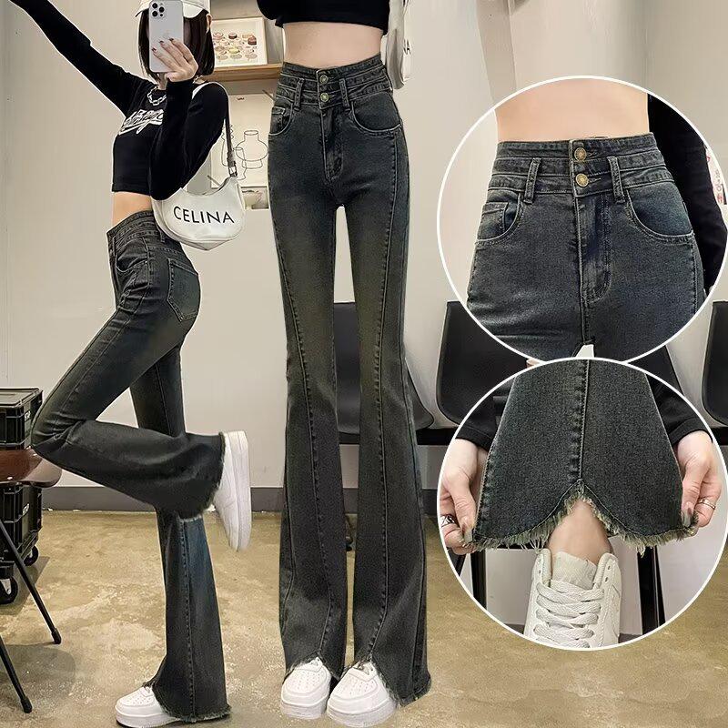 

Women s 2024 Summer High-Waisted Front Slit Tassel Micro-Flared Denim Tummy-Control Pants XL
