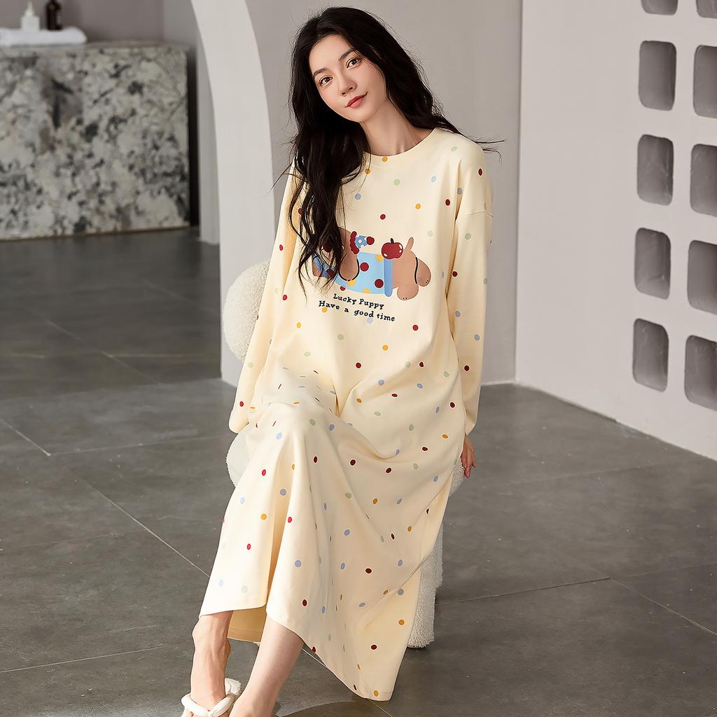 New nightgown women's spring and autumn pure cotton long-sleeved pajama skirt medium and long skirt sweet and cute can be worn outside loungewear