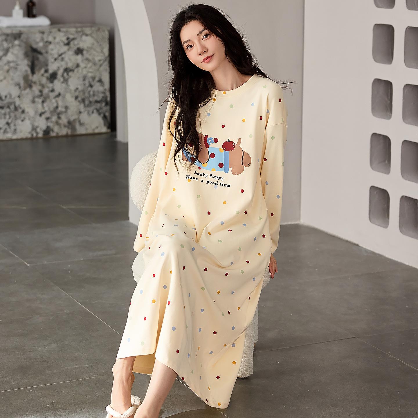 

New nightgown women s spring and autumn pure cotton long-sleeved pajama skirt medium and long skirt sweet and cute can be worn outside loungewear m recommended 40-50kg
