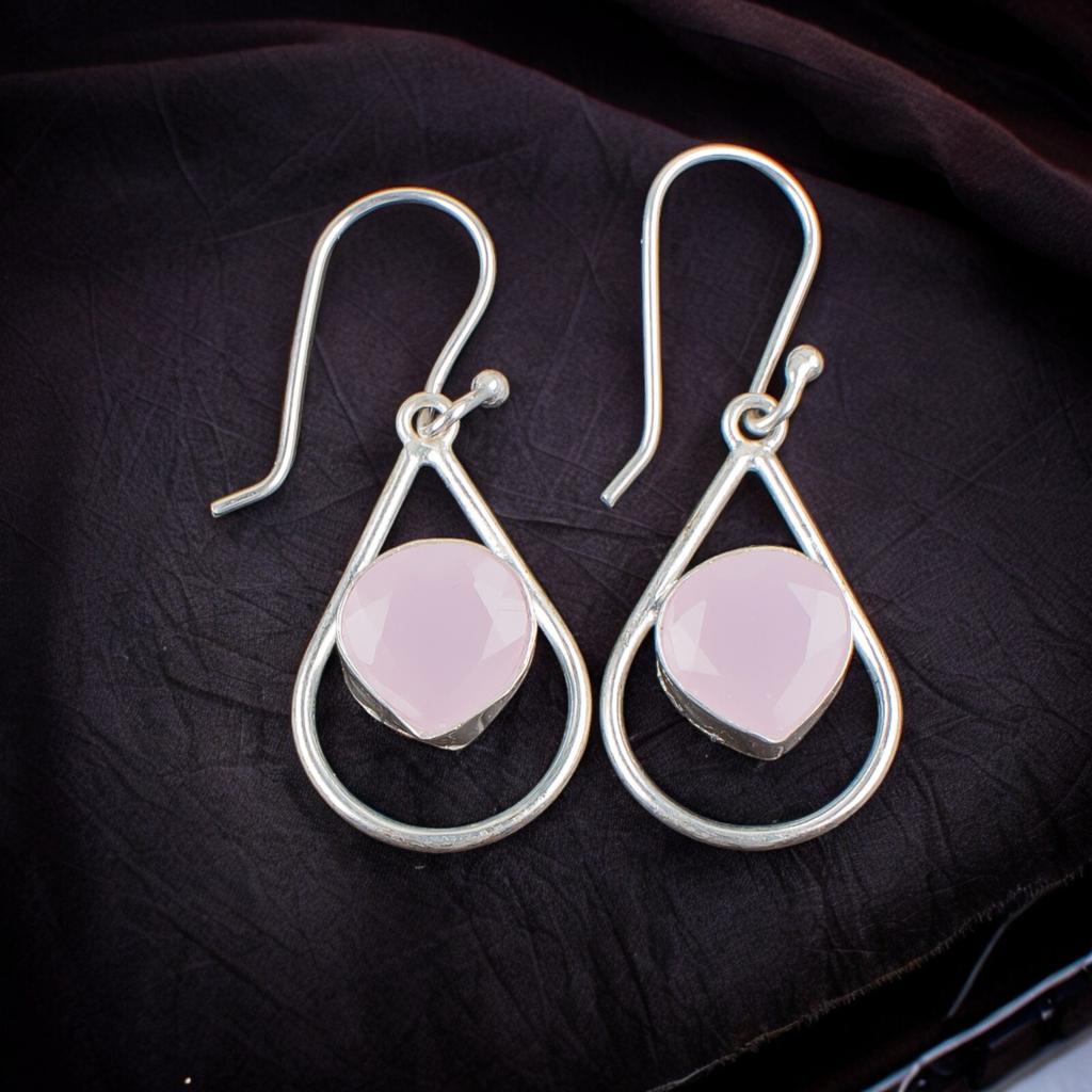 925 Sterling Silver Rose Chalcedony Gemstone Trendy Jewelry Hook Earrings 1.50" EE-38-17