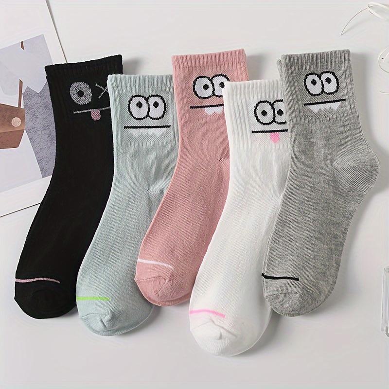 5 Pairs Funny Face Print Mid-Calf Socks - Comfortable Casual Socks with Soft Breathable Design for Daily Wear