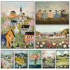 Vintage Spring Village Easter Bunny Farmhouse Country Landscape Poster Canvas Painting Wall Art Pictures Home Decor Gift