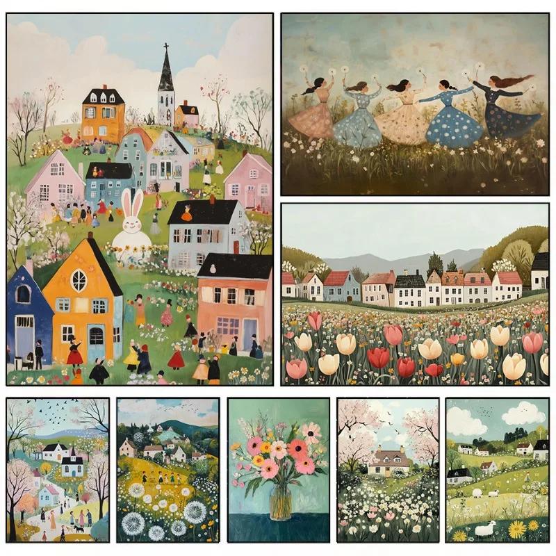 Vintage Spring Village Easter Bunny Farmhouse Country Landscape Poster Canvas Painting Wall Art Pictures Home Decor Gift