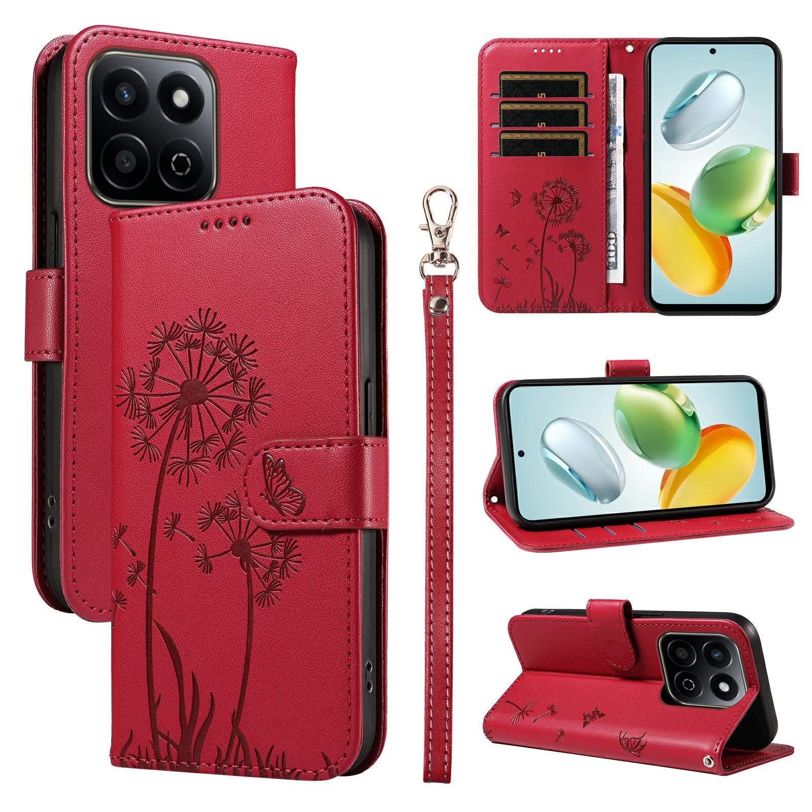 

Leather Case for Honor Play 60 Plus 5G/200 Smart 5G/Play 9T/X7c 4G Wallet Phone Cover Dandelion Imprint Red
