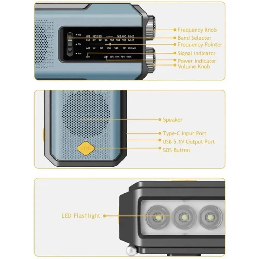 Multifunctional Solar Hand Crank Radio FM AM WB NOAA Weather Radio 2000mAh USB Charging Emergency LED Flashlight Power Ban