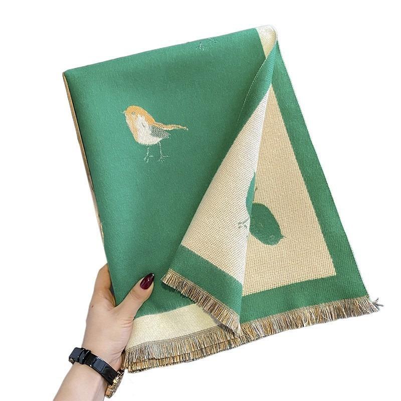 Women S High Grade Thick Warm Faux Cashmere Scarf Green Bird Pattern Air Conditioning Shawl Long Neck Wrap