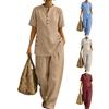 Women's 2 Piece Linen Sets, Short Sleeve Button Up Top And Wide Leg Pants Matching Outfits, Summer Casual Lounge Sets with Pockets