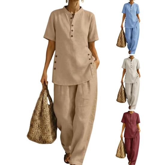 Women's 2 Piece Linen Sets, Short Sleeve Button Up Top And Wide Leg Pants Matching Outfits, Summer Casual Lounge Sets with Pockets