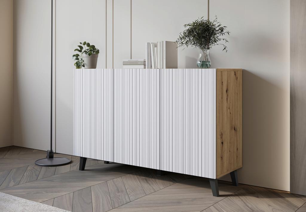 Modern 120cm Chest of Drawers for the Living Room On Artisan Legs, White MDF Fronts, Grooved