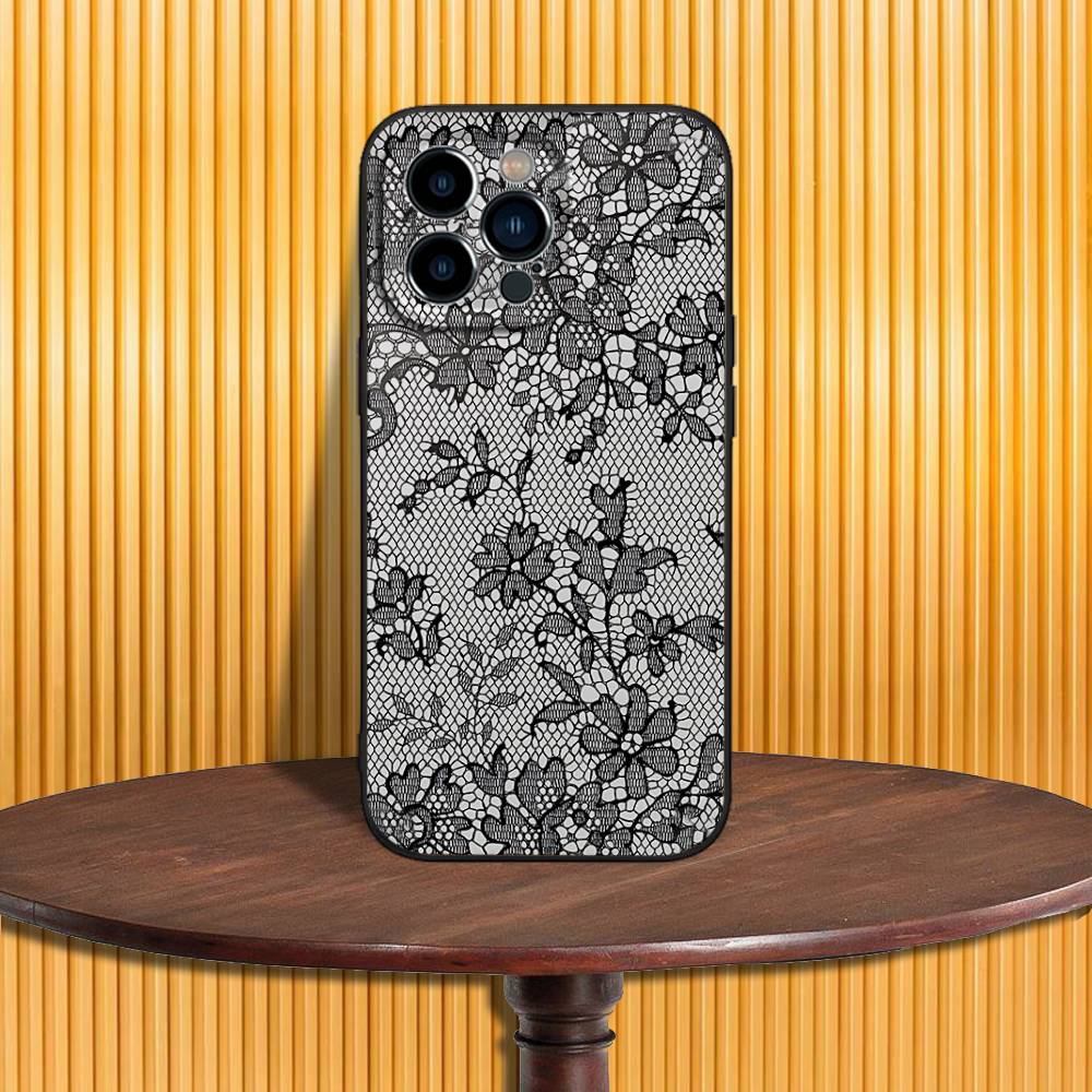 Lace Print Pattern Phone Case For iPhone 17,16,15,14,13,12,11,Pro,Max,Plus,X,XS,SE4,E,Mini,Soft Black Case