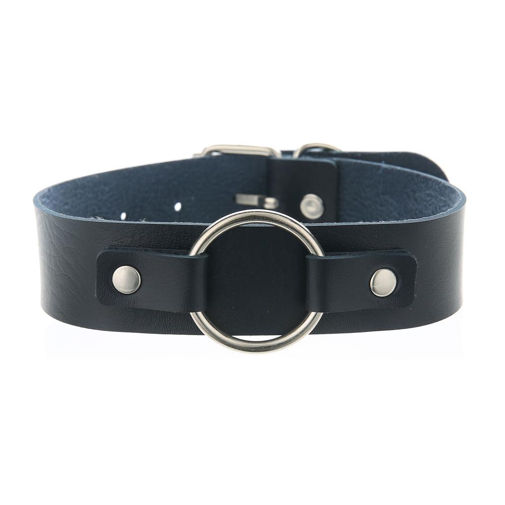 Unisex Round Ring PU Leather Choker, Harajuku Punk Adjustable Neck Collar