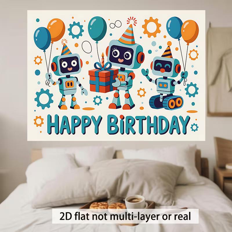 Sfondo Felice Compleanno Robot 2D Blu-Verde Arancione Sfondo Fotografia Bambini