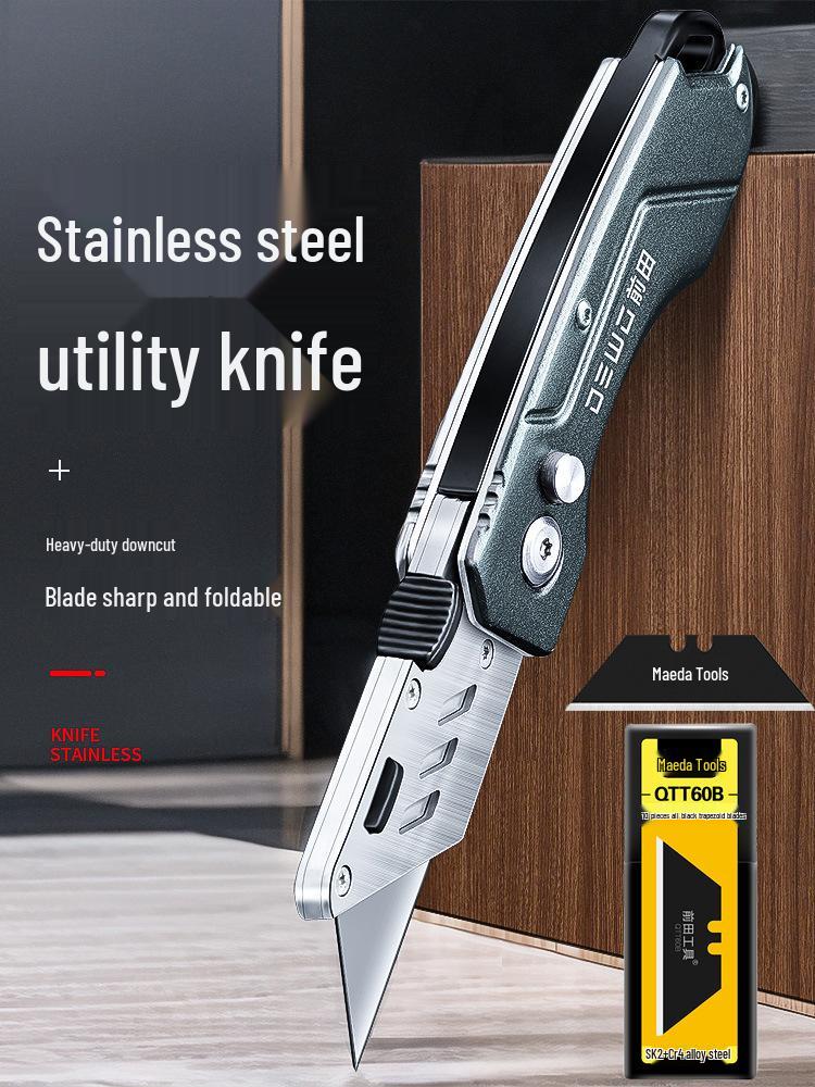 DEWO Heavy-Duty Stainless Steel Electrician's Folding Utility Knife with Cable and Wire Stripper, Thickened Hook.