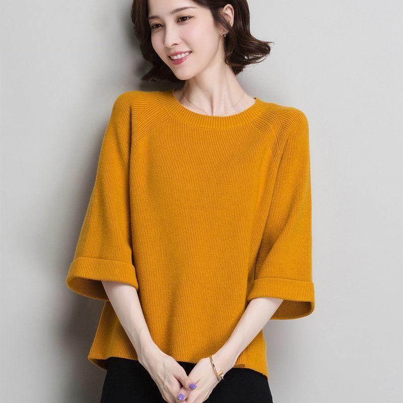 

Spring Autumn Women s Crew Neck Knitted Sweater Three-quarter Sleeve Short Pullover Sweater Stretch Knit Top M жёлтый