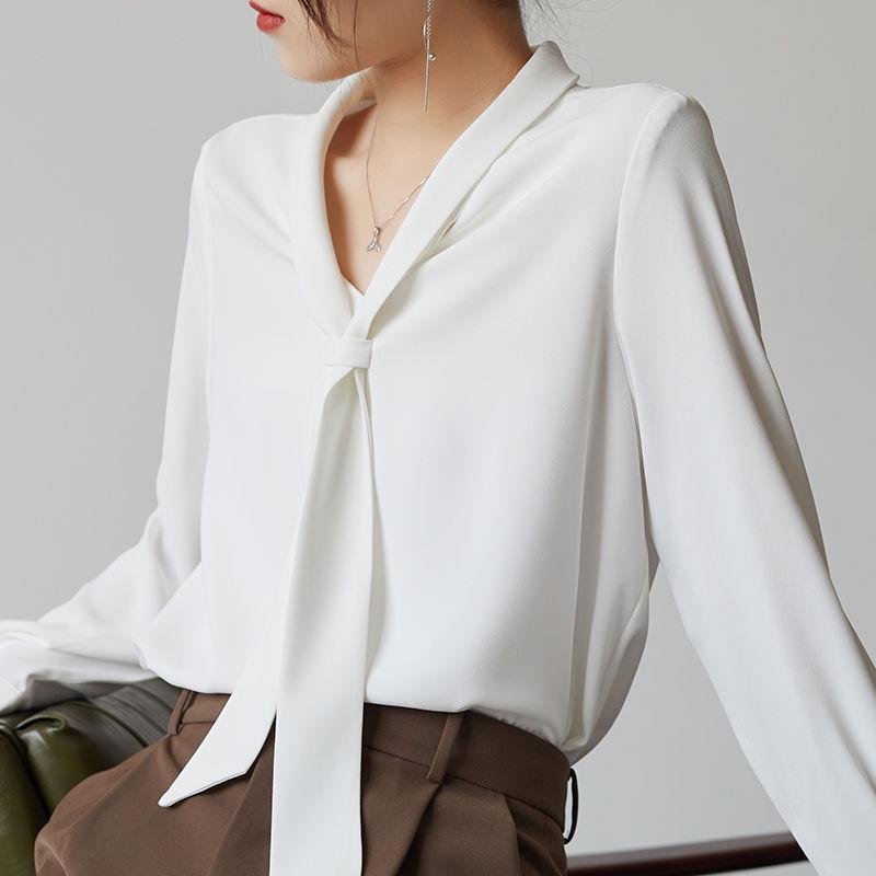 2025 Spring/Autumn Women's Chiffon Blouse: Elegant White Shirt with Flowing Ribbon for Professional and Interview Wear