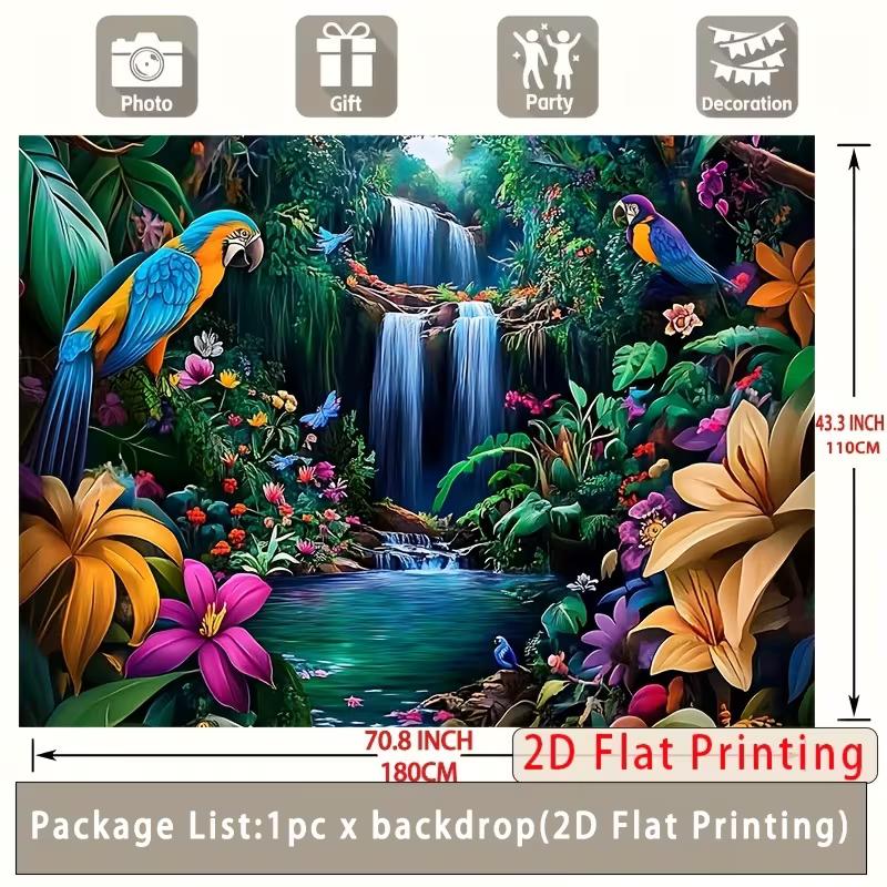 2D Tropical Exotic Backdrop, Parrots, Waterfall & Lush Foliage Background