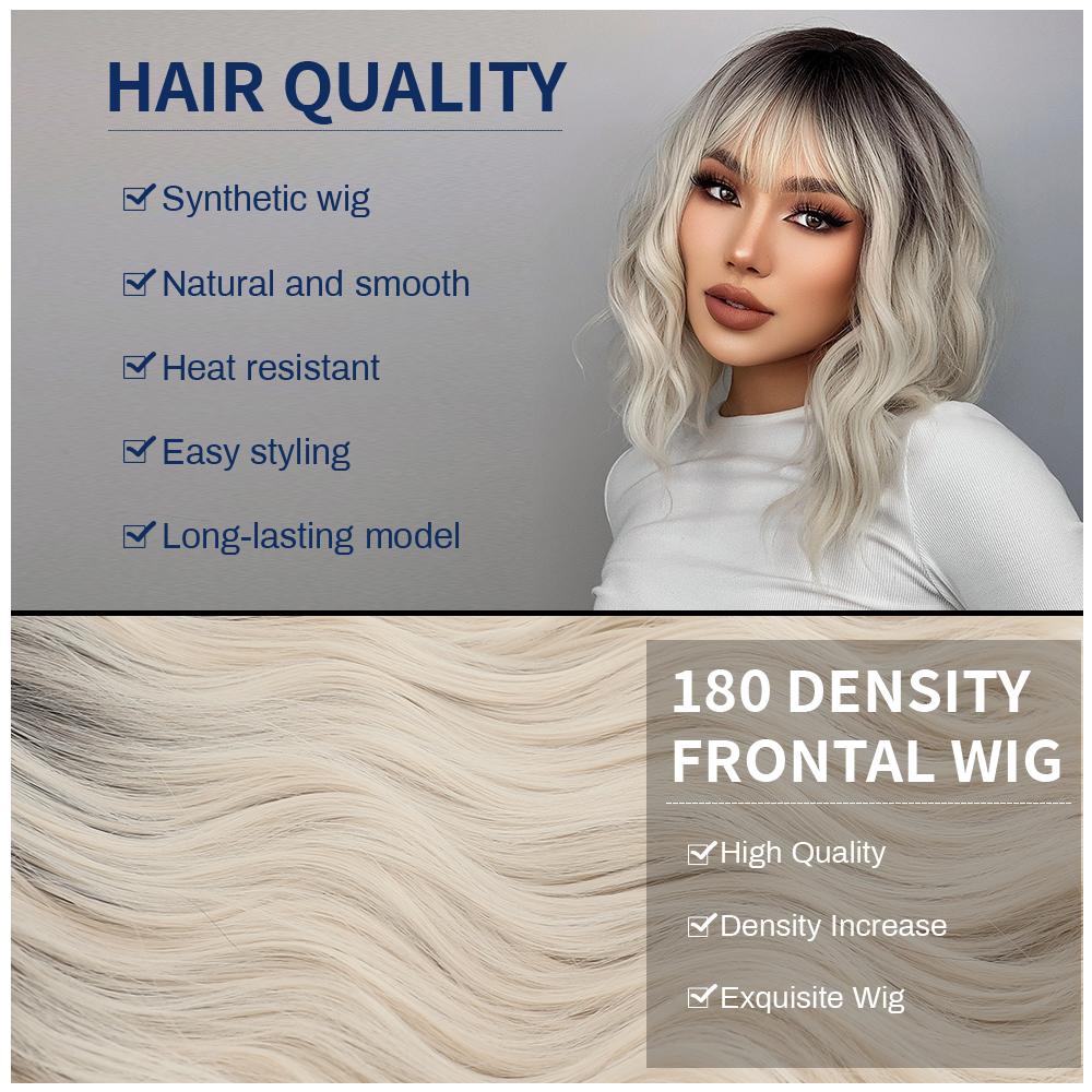 Ombre Blonde Short Bob Synthetic Wig For Women With Bangs White Gold Body Wave Cosplay Lolita Natural Heat Resistant Hair