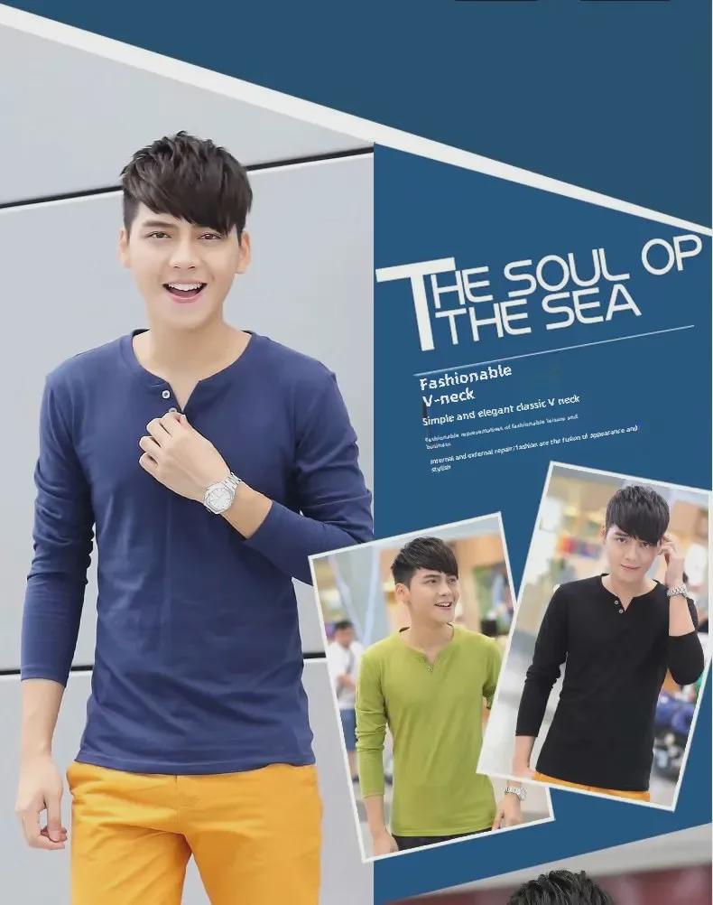 Herren-T-Shirt aus Baumwolle im koreanischen Stil mit V-Ausschnitt und langen Ärmeln und schmaler Passform