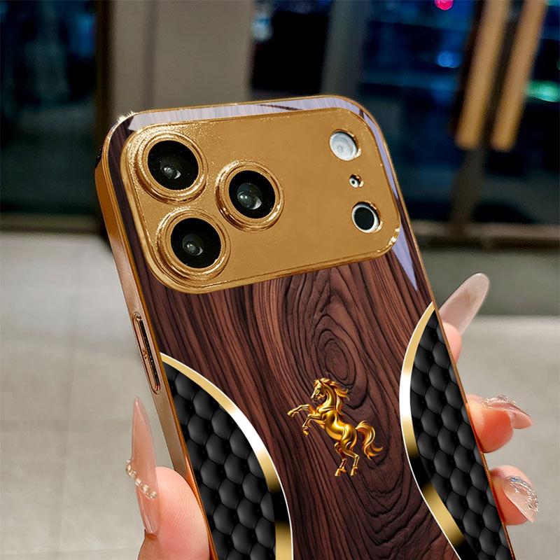 Quilted Gold Horse Electroplated Golden Phone Case For iPhone 18 17Air 17 16 15 14 13 12 11 Pro Max Plus 16E XR 7 8  Glass Cover