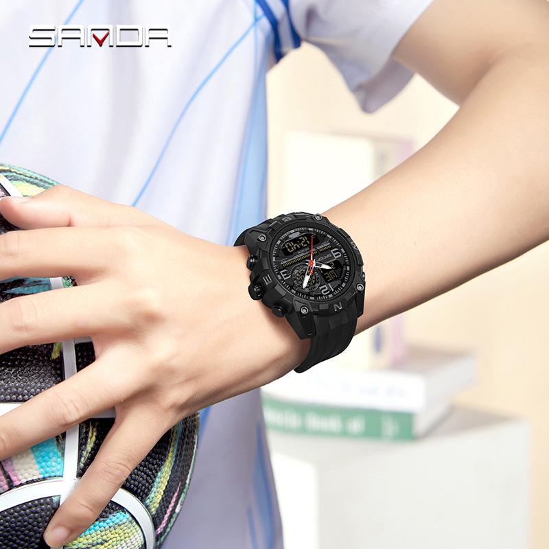 Sanda Men's Multifunctional Waterproof Sports Watch with Dual Display and Snooze Alarm