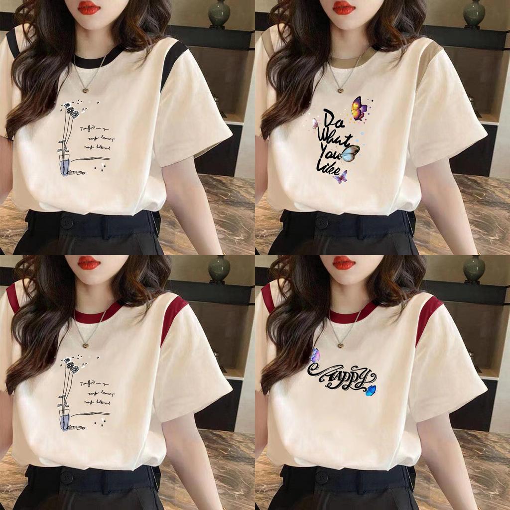 Floral Butterfly Print Short Sleeve T Shirt For Women With Splicing Cotton Relaxed Fit Summer Casual Wear