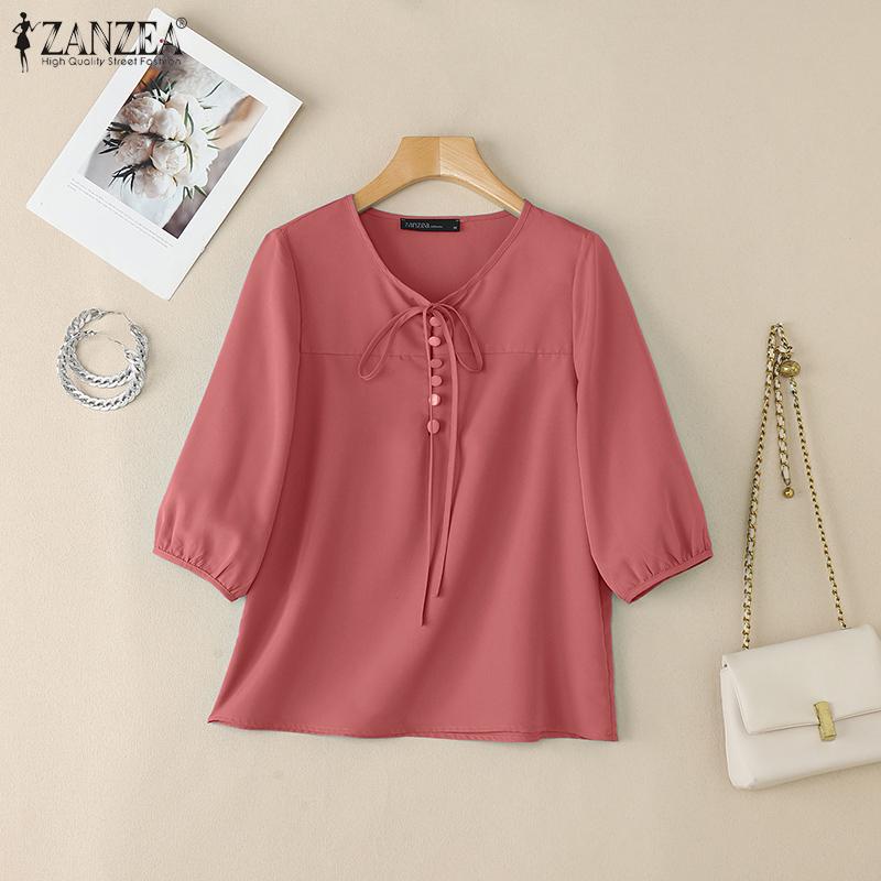 ZANZEA Women Casual Round Neck Solid Color 3/4 Sleeve Summer Blouse
