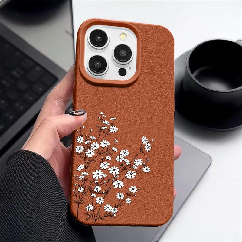 Matte, schlanke Handyhülle mit kleinem weißen Blumendruck für iPhone 16 Pro 15 Pro Max 14 13 12 11, TPU-Ledertextur, weiche, stoßfeste Stoßstangenabdeckung