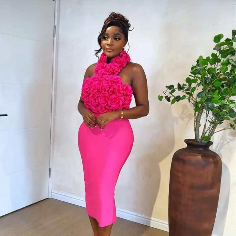 Bandage dress sexy fashion neck halter three-dimensional flower women's sleeveless dress Africa