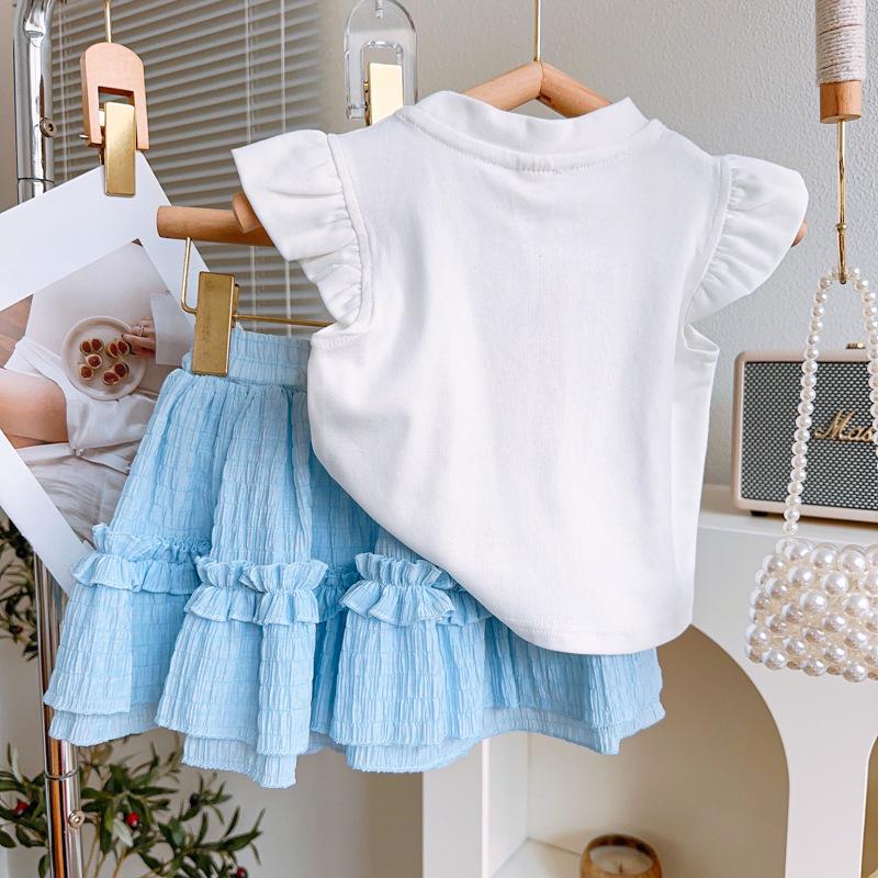 Girls' Plaid Bow Summer Two-Piece Set - Short-Sleeved Top & Skirt (CM0113)