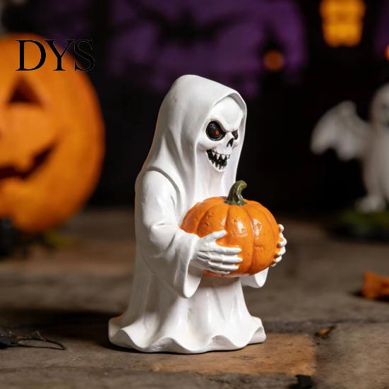 Halloween Party Props for Countertops White Ghost Pumpkin Resin Statue, Spooky Holding Mini Hand Painted Ornament Figurine Garden Yard Tabletop Mantel