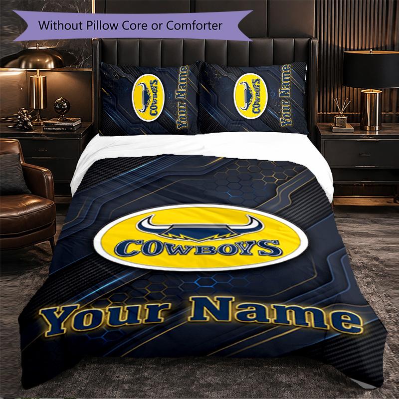 Kuzey Queensland Cowboys Özel İsim Yazılı Nevresim Takımı, 1 Nevresim Kılıfı & 2 Yastık Kılıfı Kişiselleştirilmiş Yatak Odası Hediyesi