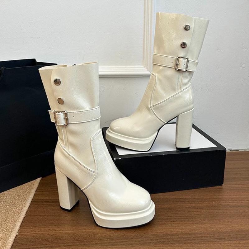

Fashion French Platform Women s 25 New Autumn and Winter Retro Belt Buckle Versatile Thin Mid-leg Boots 40 белый