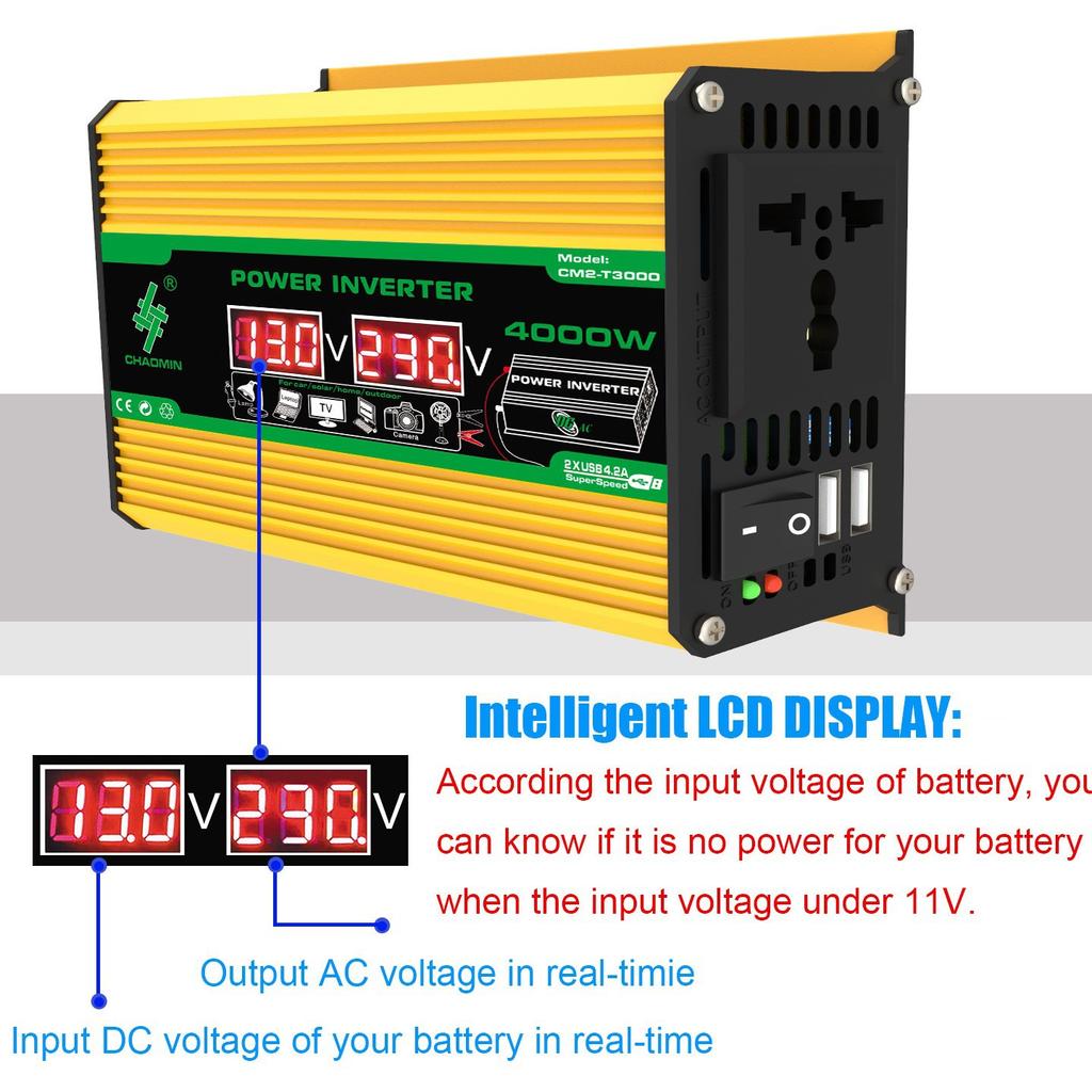 4000W Car Van Power Inverter Modified DC 12V To AC 110V/220V Charger Converter 2 USB with LED Display
