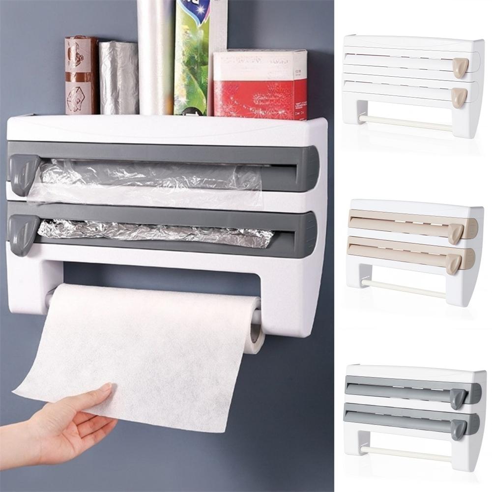 Space Saving 3 In 1 Film Organizer with Cutter for Aluminum Foil Plastic Wrap and Paper Towel Holder with Smooth Roll Dispensing